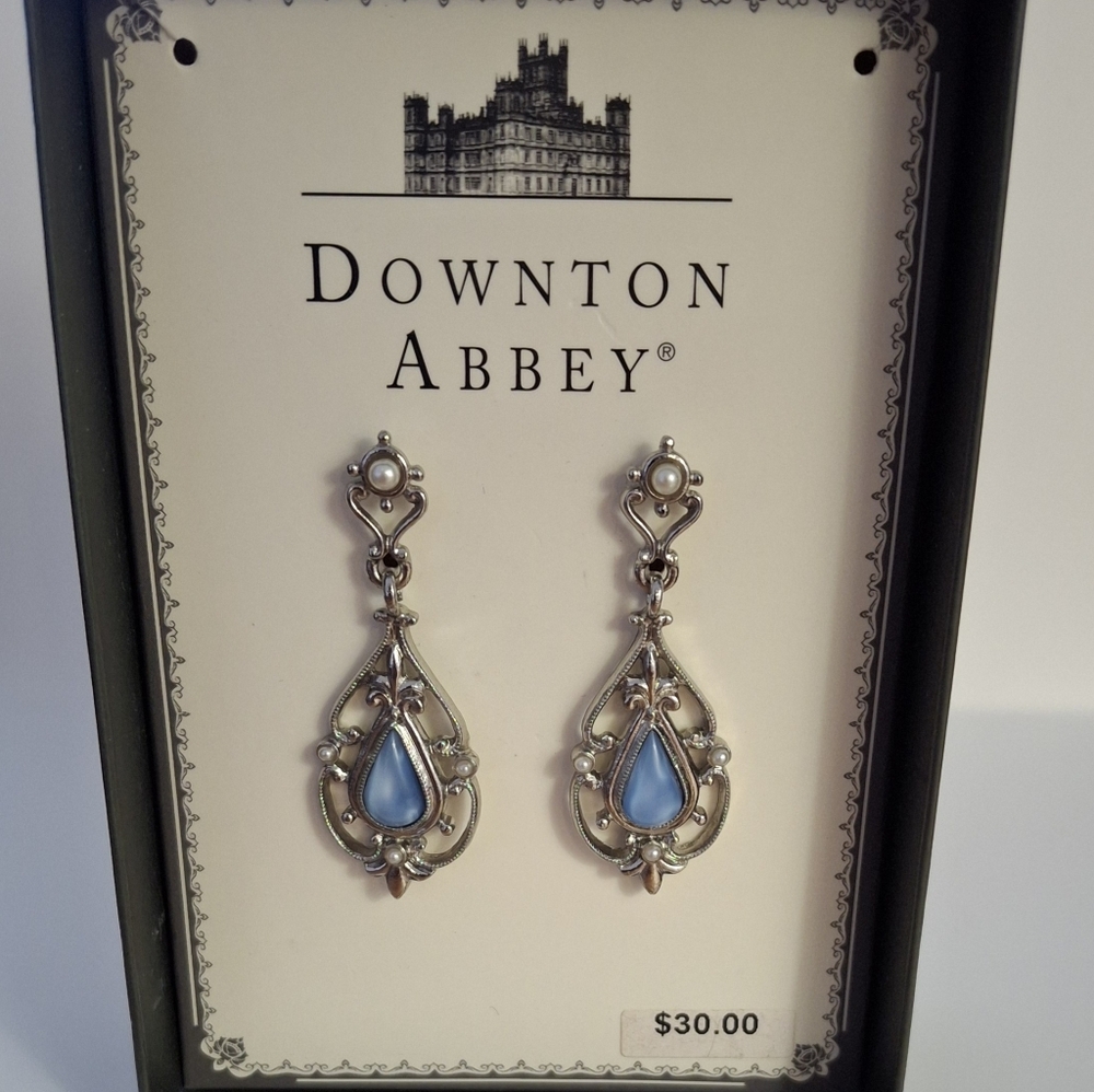 Downton Abbey Silver-Tone Drop Earrings with Blue Teardrops